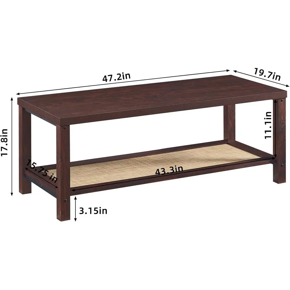 Coffee Tables or Living Room, Walnut | Rattan Center Table with Open Storage Shelf & Thickened Top & Country Wood Grain