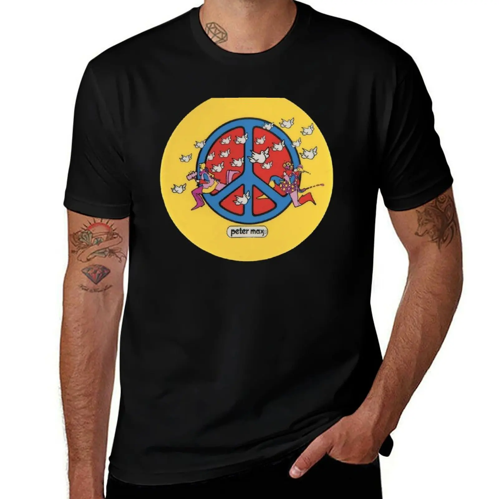 Camiseta vintage con estampado de Peter Max, signo de la paz, arte pop cósmico, era Woodstock, música hippie, camiseta con cuello redondo