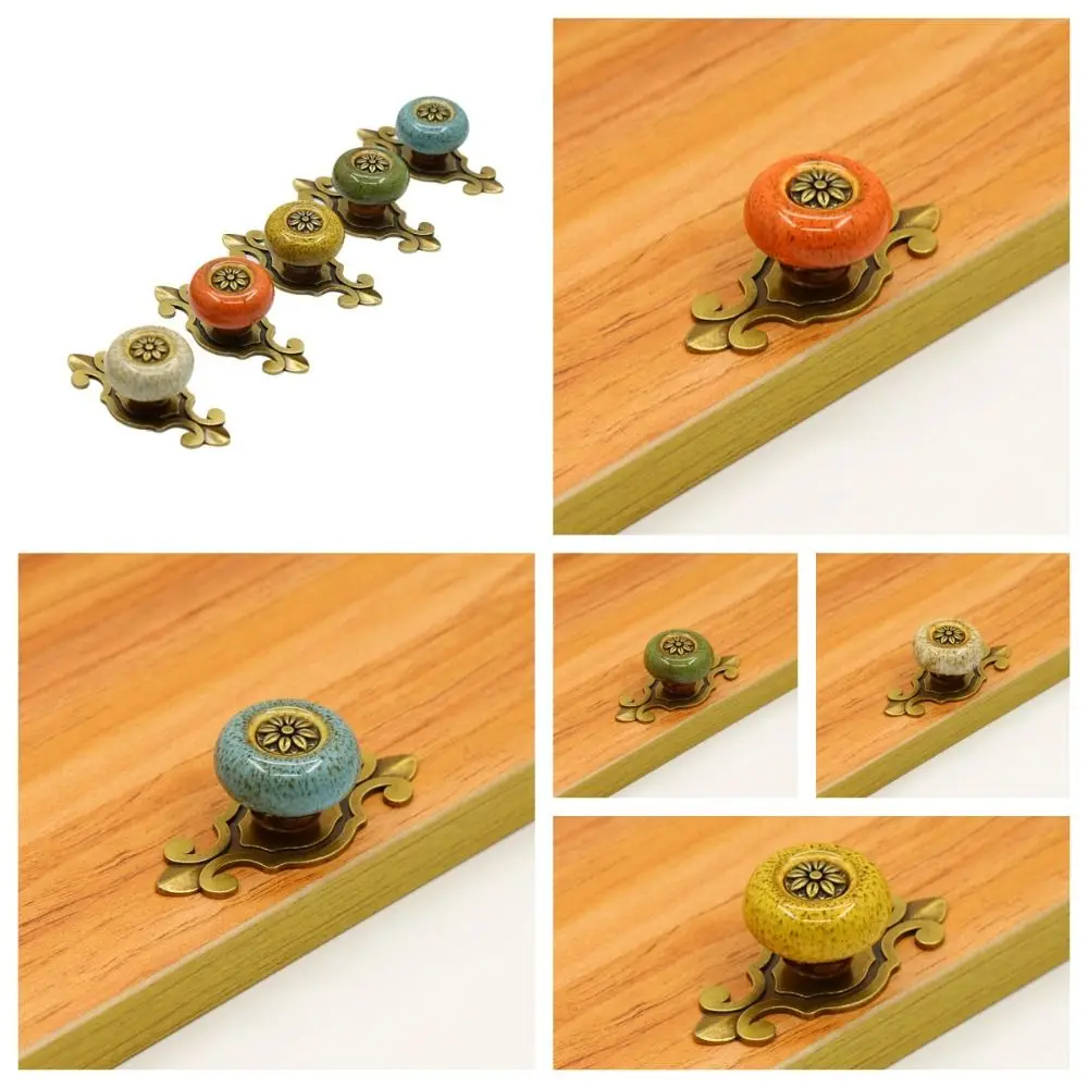 Fashion Single Hole Ceramic Knob Ethnic Style Ceramic Flower Pull Handle Antique Bronze Drawer Knobs Furniture