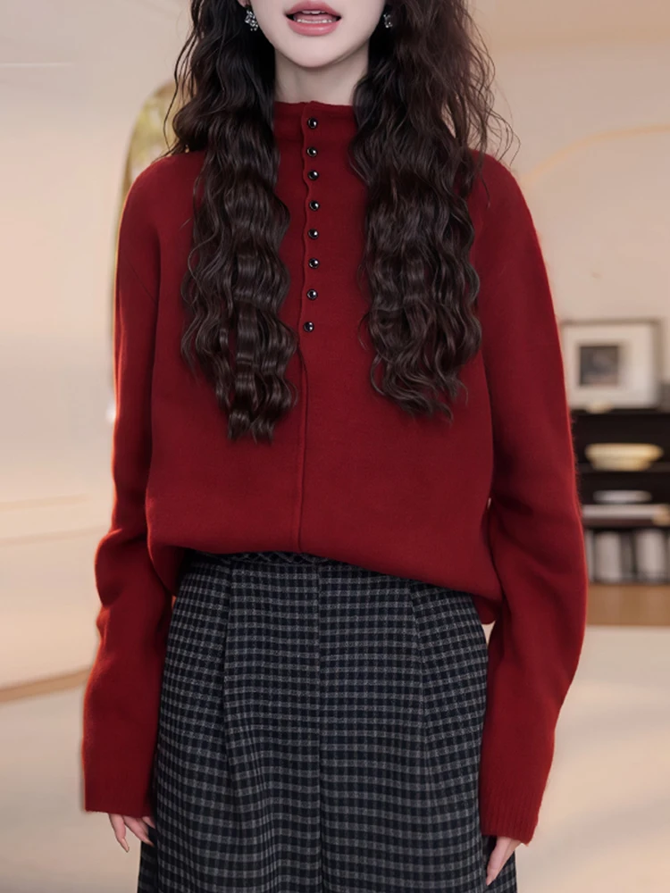 

Свободный вязаный топ с высоким воротником и пуговицами, повседневный, мягкий, дышащий, с длинными рукавами, для ежедневной носки, зимний образ