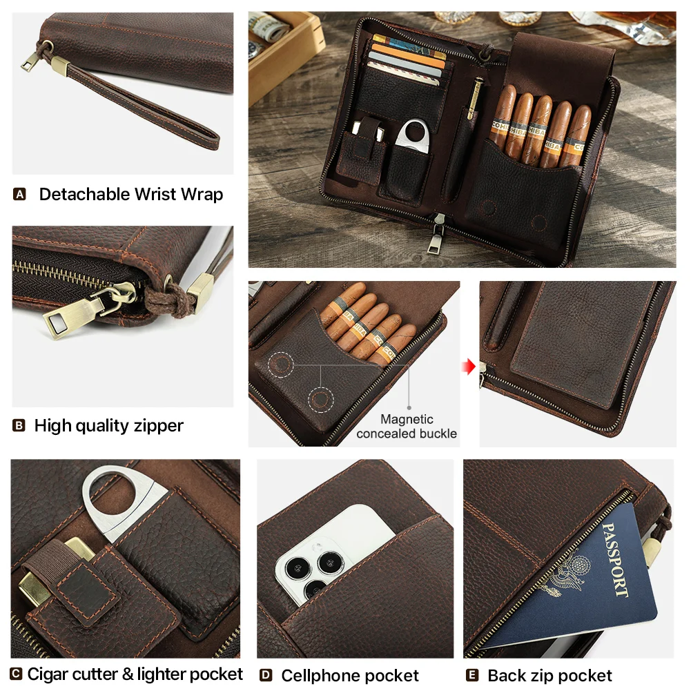 Contact\'s Family Leather Cigar Case With Lighter Cutter Pocket Travel Portable Humidor Box Cigars Accessories Handbag Men Gift