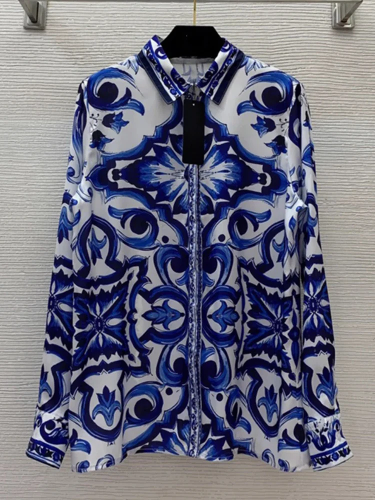 Fashion blue and white porcelain printed casual loose shirt Spring new lapel single-breasted long sleeve Joker blouse