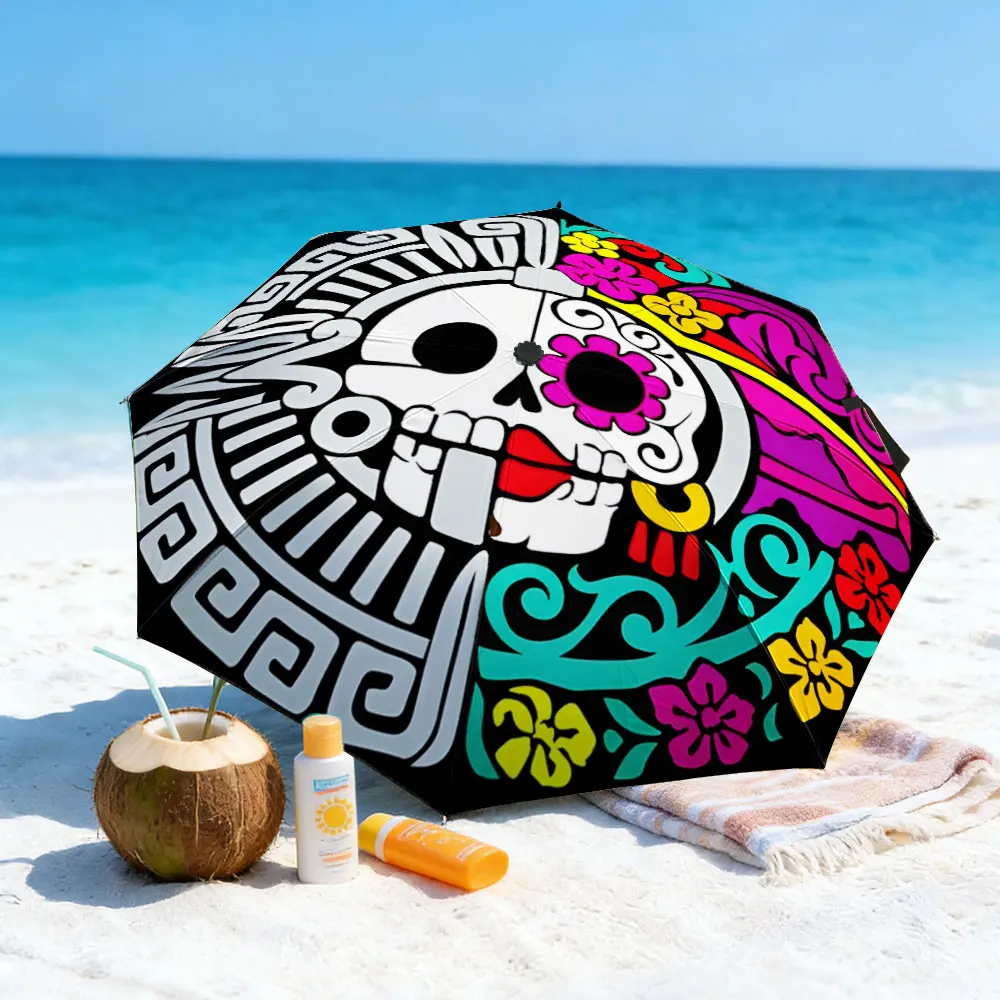1PC Colorful Skull Design Umbrella by the Lake Print 8 Iron Ribs Folding Umbrella Auto-Open Fashion Sunshade