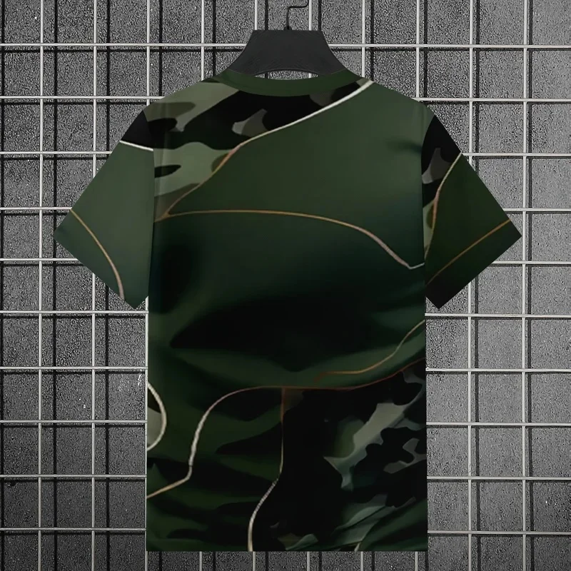 Men's Tactical Sports Tshirt Dark Olive Green Curved Lines Print High Elasticity Quick Dry Short Sleeve for Camping Fitness