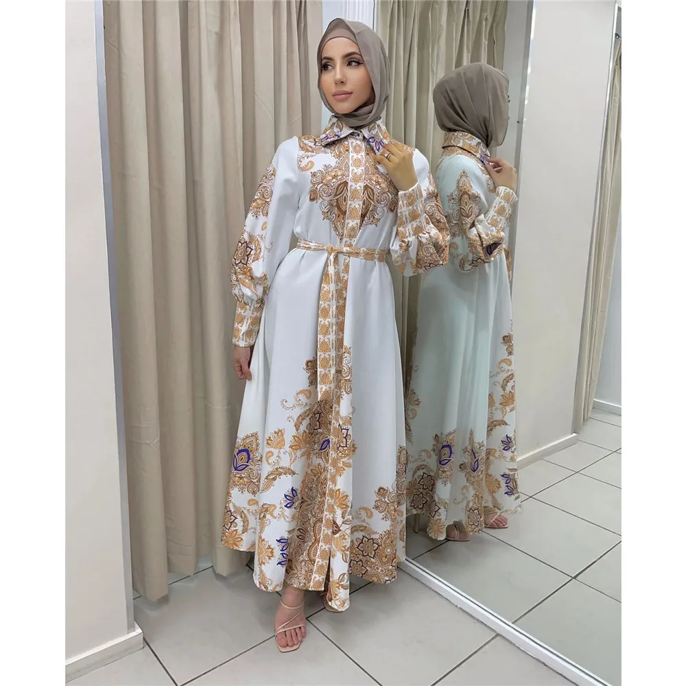 Luxury Muslim Women Shirt Dress Morocan Kaftan Long Sleeve Turkey Dubai Print Arabic Abaya Islamic Clothing India Dresses Robe