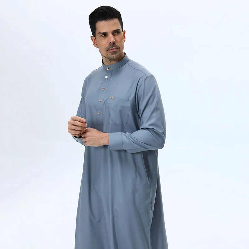 High Quality Muslim Long Robe for Men Islamic Abaya Arab Kaftan Jubba Thobe Loose Casual Long Sleeve Plain Color Robe