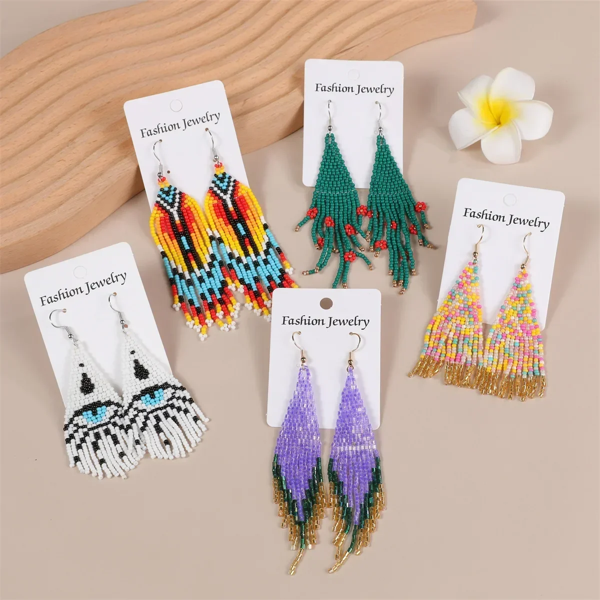 Beaded earrings Tassel Rainbow Gradient color Hand knitting Design Devil's eye Geometry Alloy Bohemia  Female Rice bead earrings