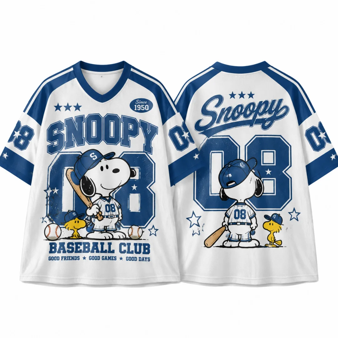 Snoopy Baseball Club #08 Vintage Jersey T-shirt Kids & Adults Retro V Neck Short Sleeve Y2K Streetwear Cartoon Oversized Top