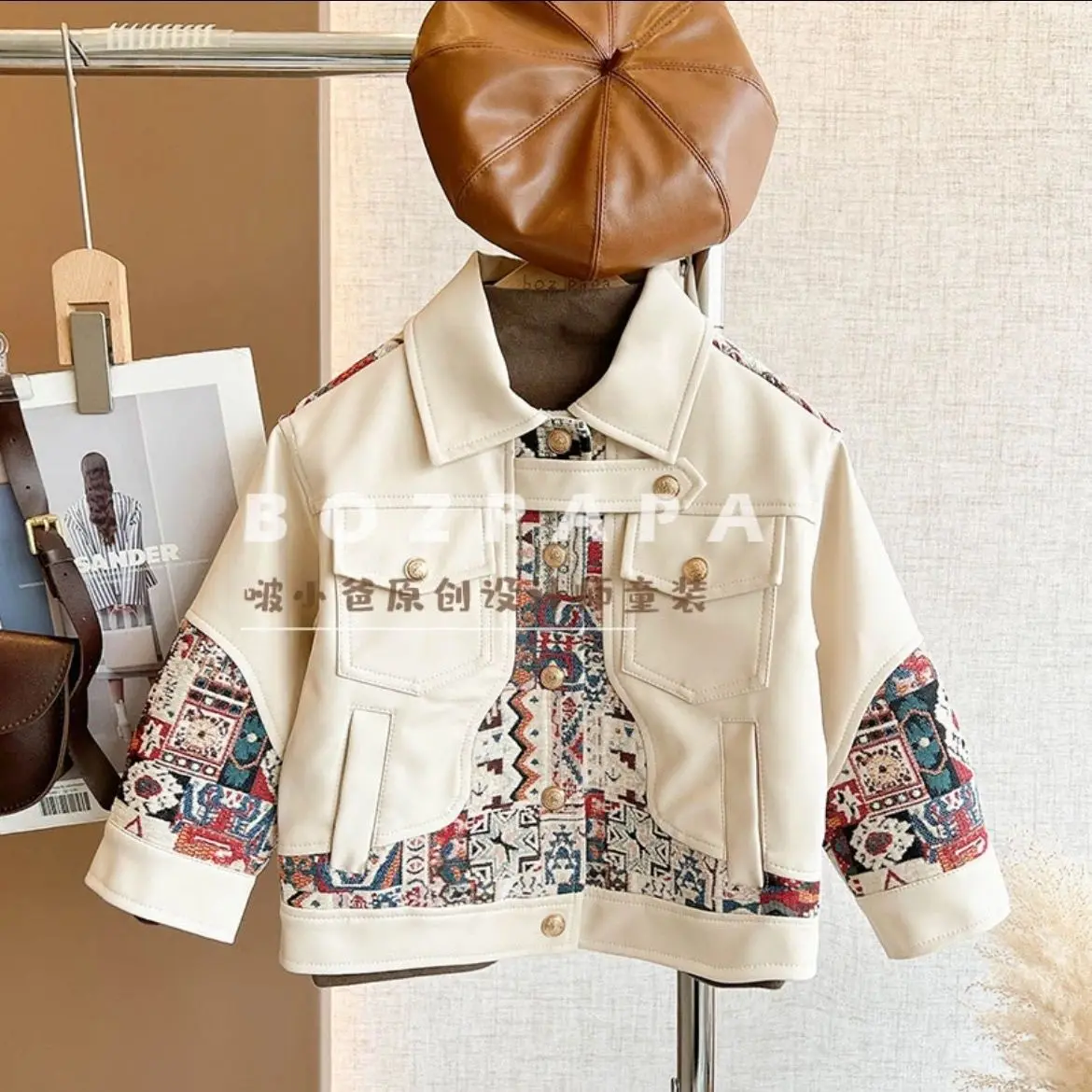 

children Boys Pocket Coat Spring Autumn Winter Warm Gray Leather Embroidery Jacket Casual Kids Top waistcoat Handsome Windcoat
