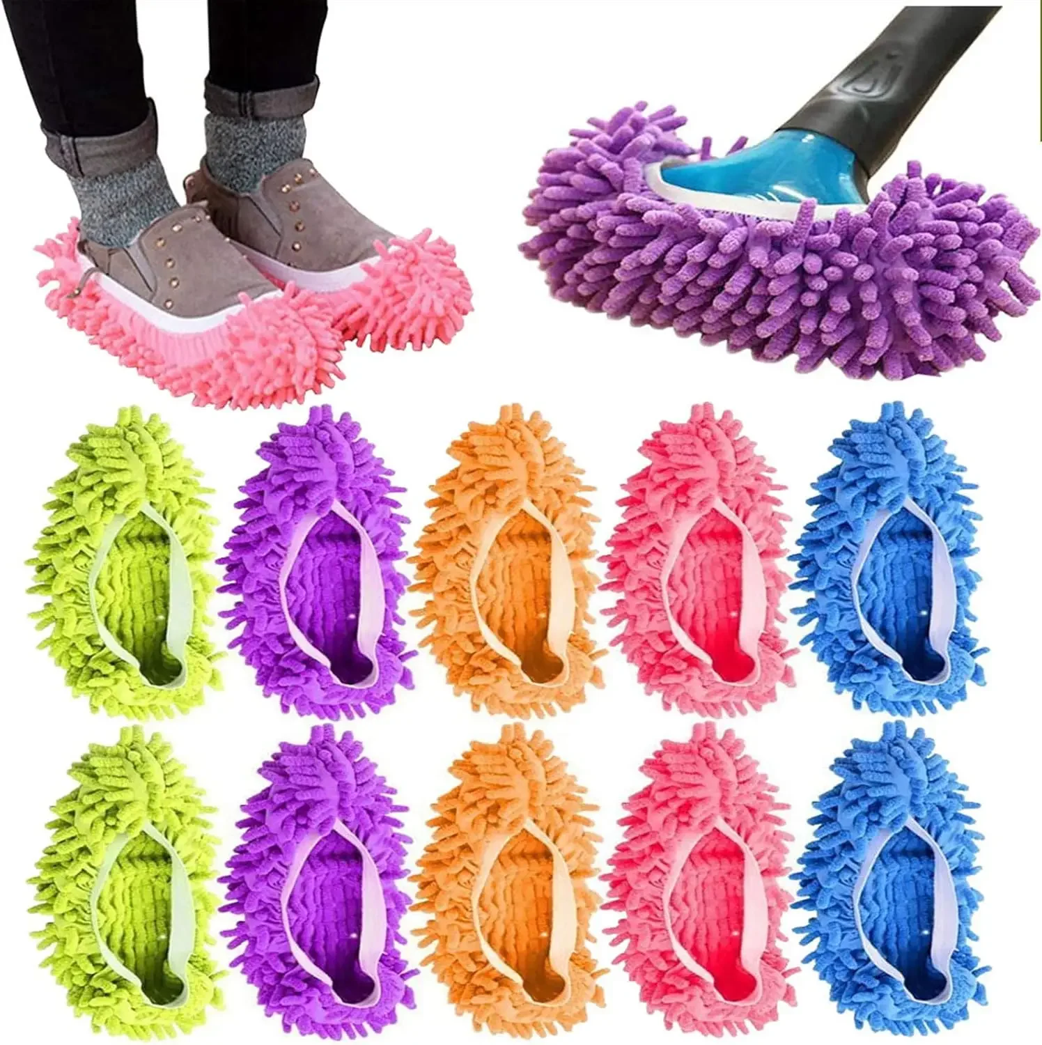 2 Pieces Chenille Lazy Mop Slippers Washable Shoe Cover Soft Microfiber Mop Socks Dust Hair Cleaning Sweep House Shoe Cover