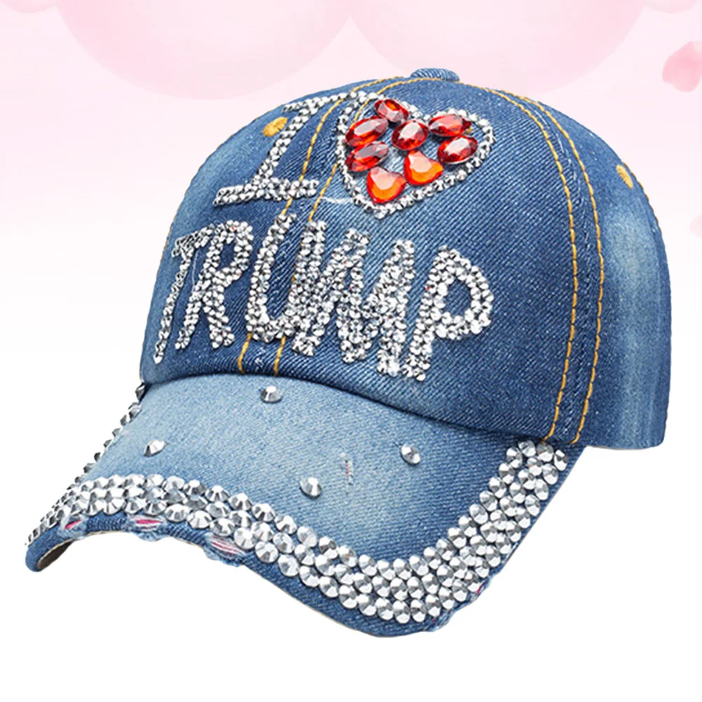 Trump 2020 Baseball Denim Sun Hat Rhinestone Presidential Election Headdress Peaked (Blue I Love Trump)