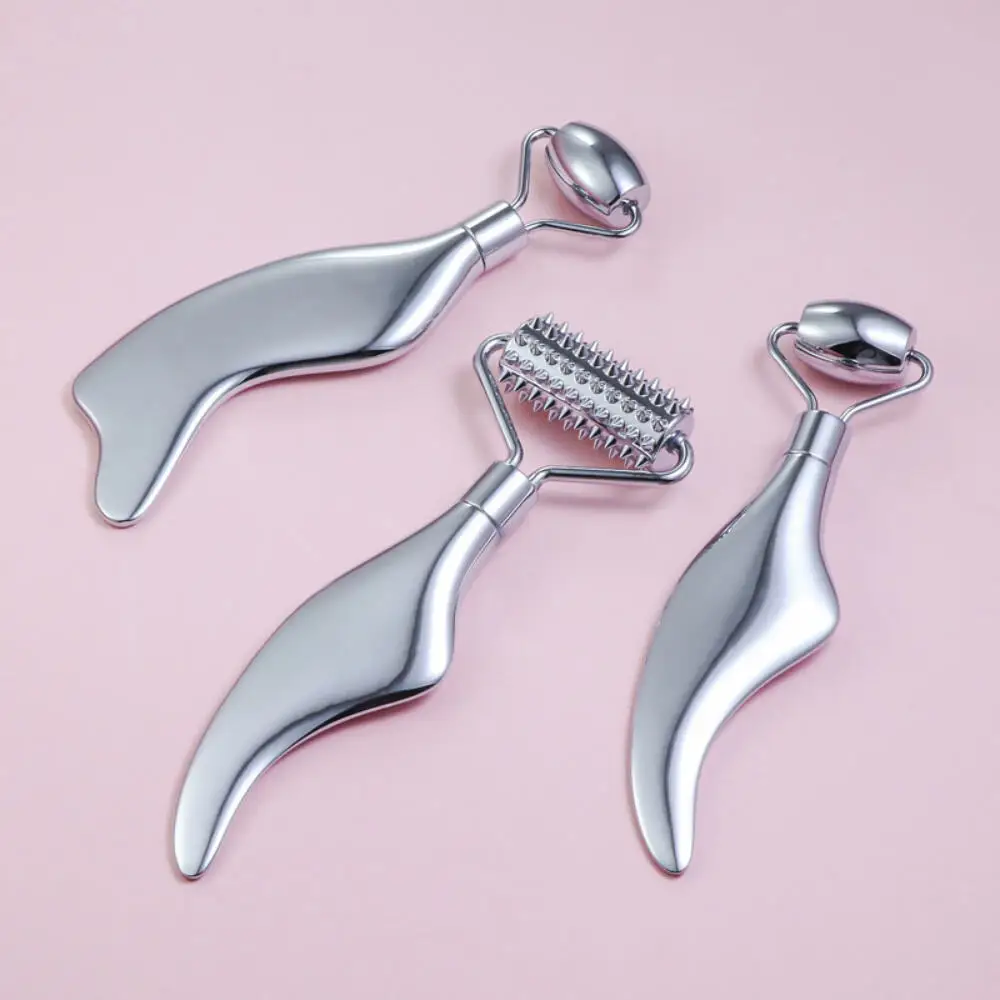 أدوات غوا شا للوجه تدليك أسطوانة الوجه للبشرة والفولاذ المقاوم للصدأ غوا شا 2 في 1 مناسبة للعناية اليومية بالبشرة والجسم والرقبة