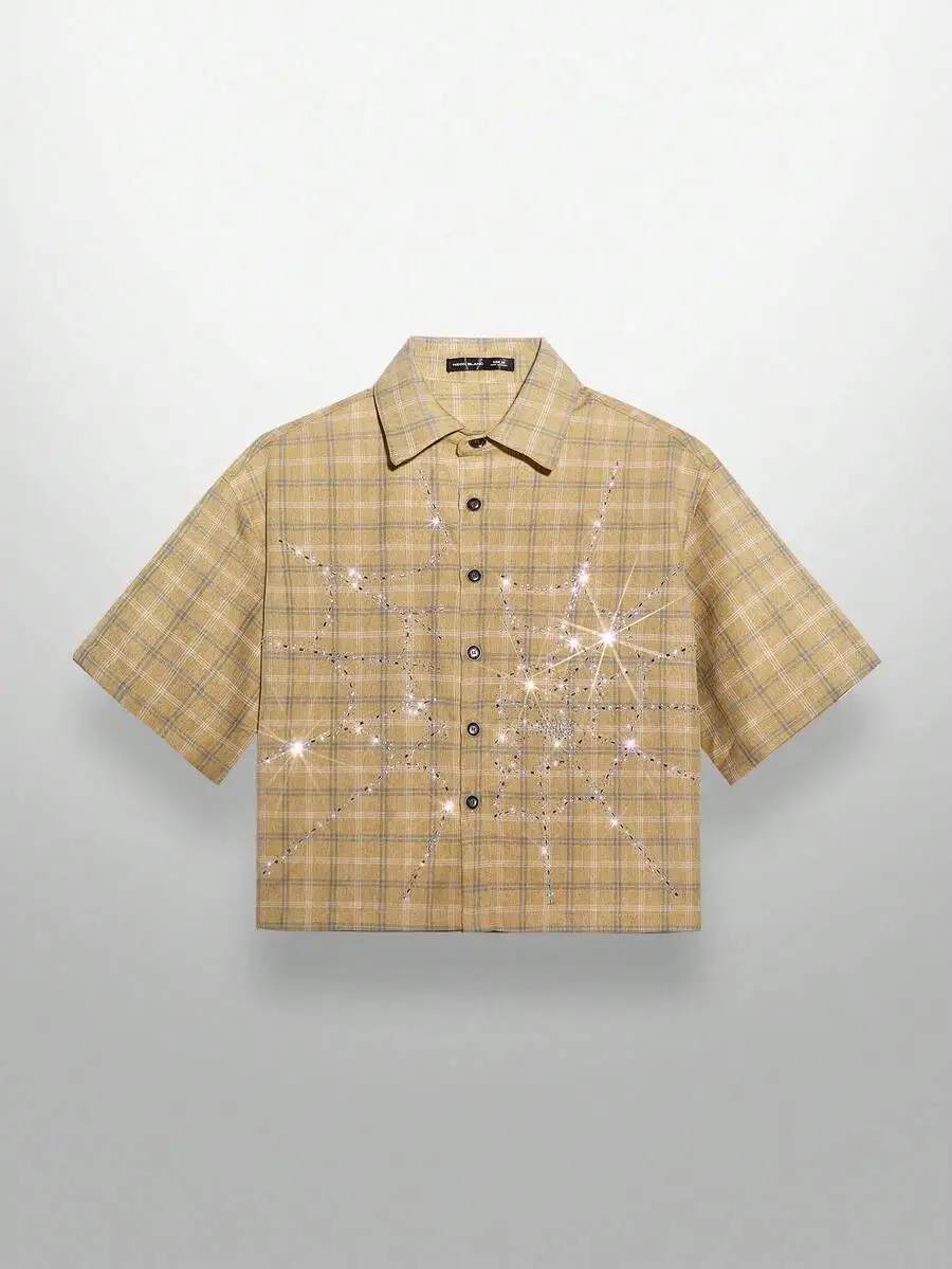 

Men's Short Sleeve Plaid Shirt with Rhinestone Starburst Embellishment