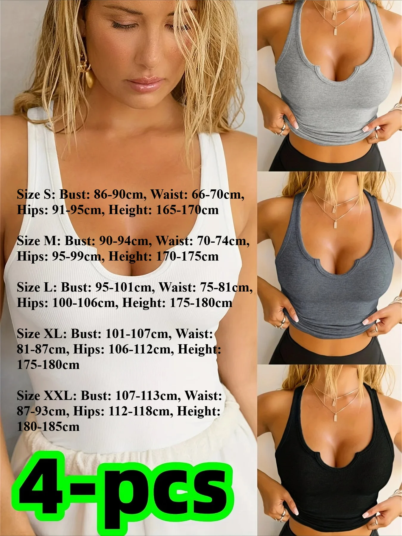 4-piece set with high-end ribbed design, breathable,slimming, sleeveless,backless, suitable for all seasons,thin, street style,