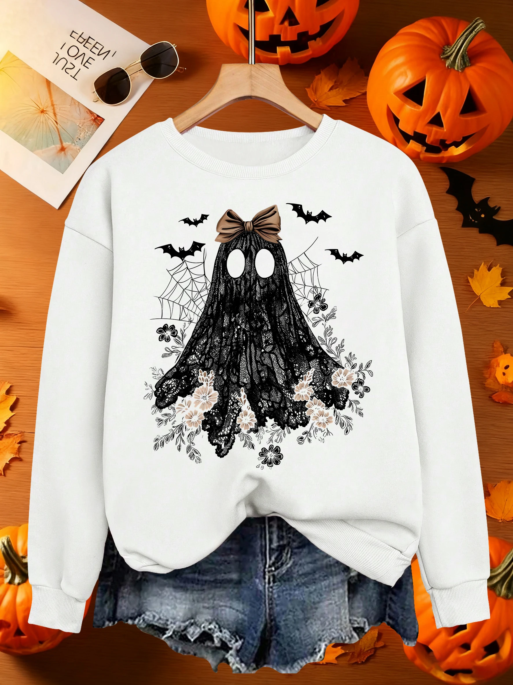 Happy Halloween Flowers Ghost Prints  Female Pullovers Hipster Casual Sweatshirt hip hop Loose Clothing Fleece Fashion Woman Top