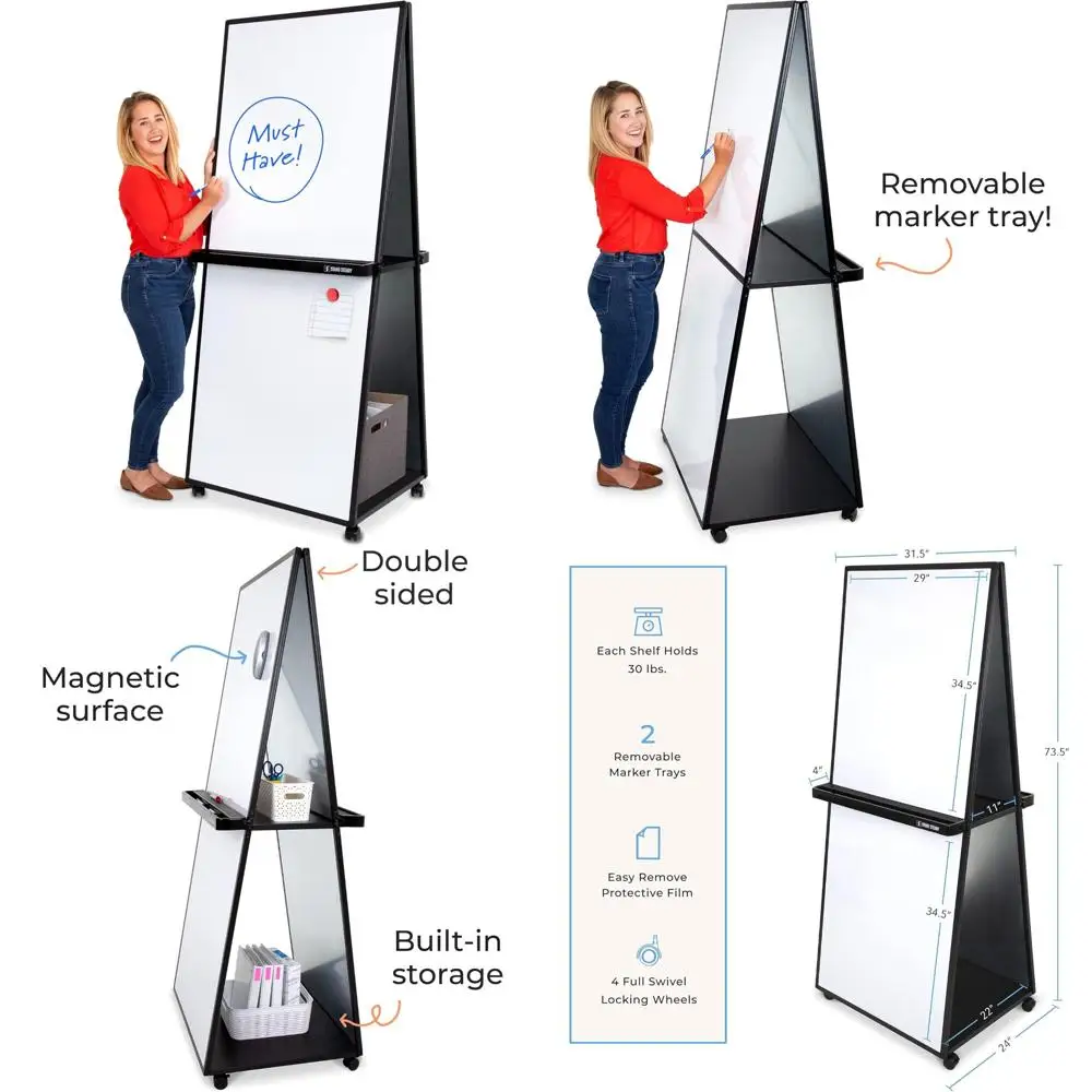 سبورة بيضاء متنقلة بطول 74 بوصة مع سطح مسح جاف مغناطيسي مزدوج الجوانب للاستخدام المكتبي والمدرسة
