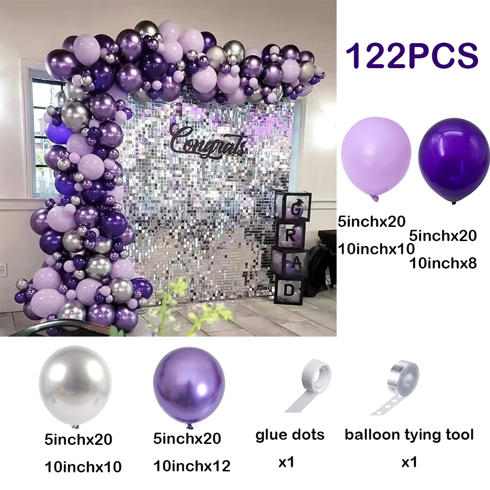 122Pcs Purple Balloon Arch Metallic Purple Silver Balloon Garland Kit Ballon Wedding Decor Birthday Party Baby Shower Decoration