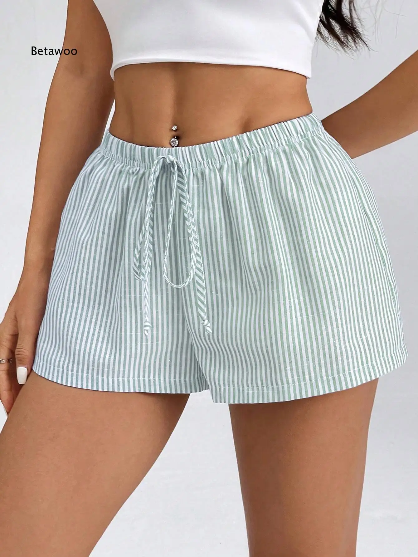 Soft style light striped shorts for women elastic waist tie design loose fit casual loungewear bottoms suitable for home rest a