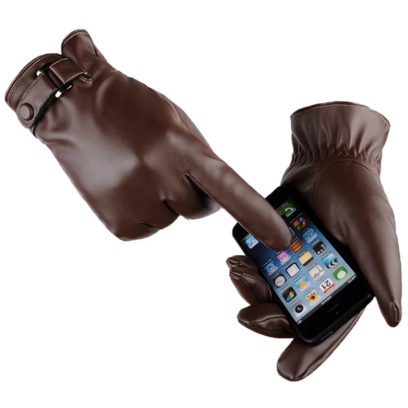 Men Fashion Waterproof Faux Driving Thin For Touch Screen Brown Guantes Men's Winter Leather Warm Gloves