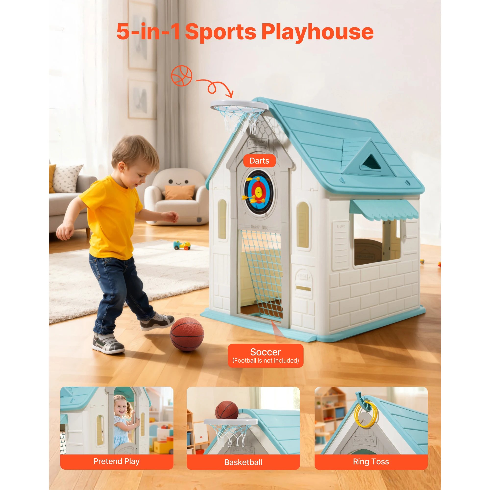 Outdoor Playhouse, 5-In-1 Cottage Play House with Pretend Play, Toddler Slide Set for Aged 2+, Basketball, Darts, Soccer, Ring Toss, Window & Convenient Door, Smooth Edges, Polypropylene Plastic
