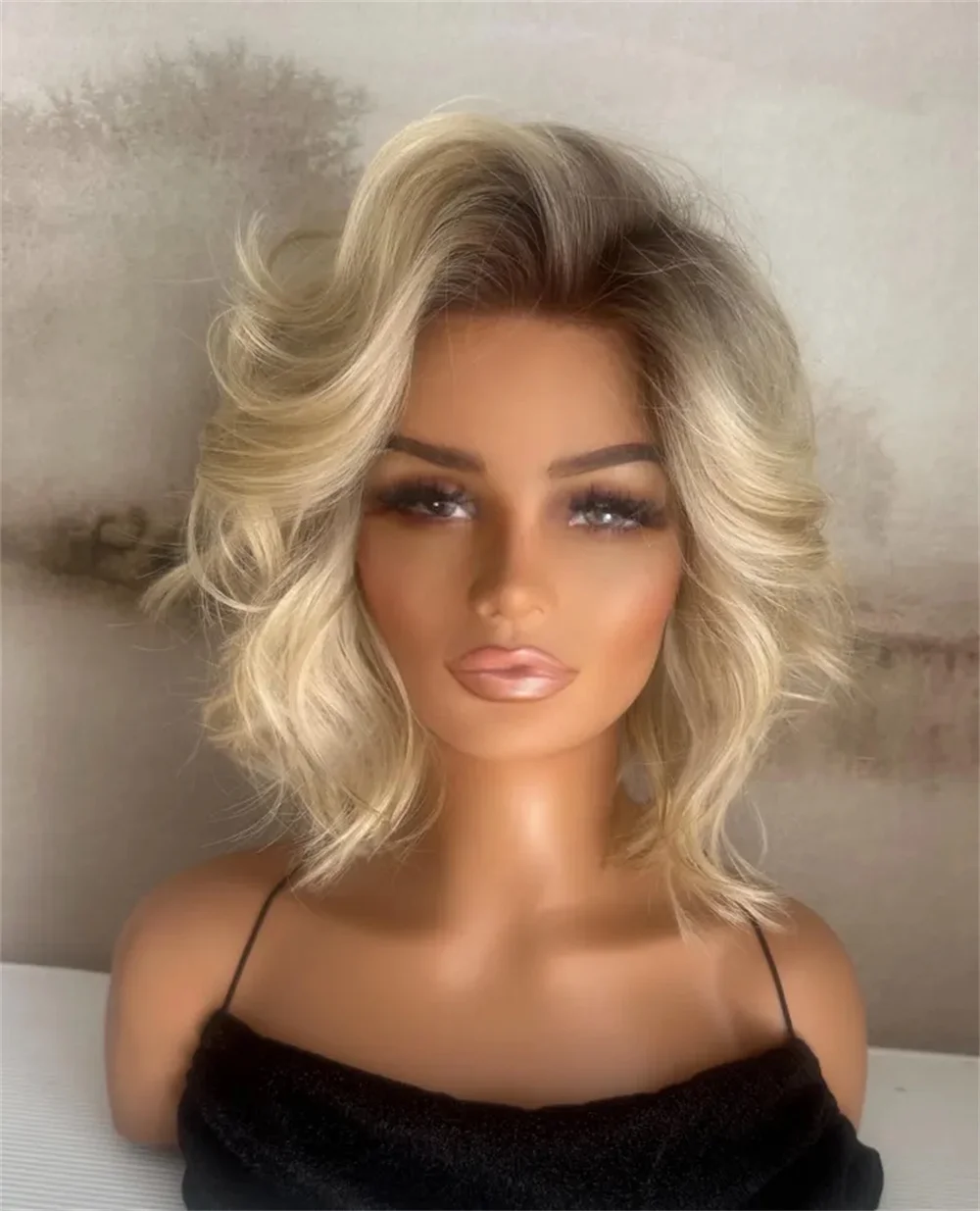 

Warm Blonde Bob Wig Layered Short Wave Platinum Highlights Lace Front Wig Heat Resistant Fibre Dark Roots Preplucked Hairline