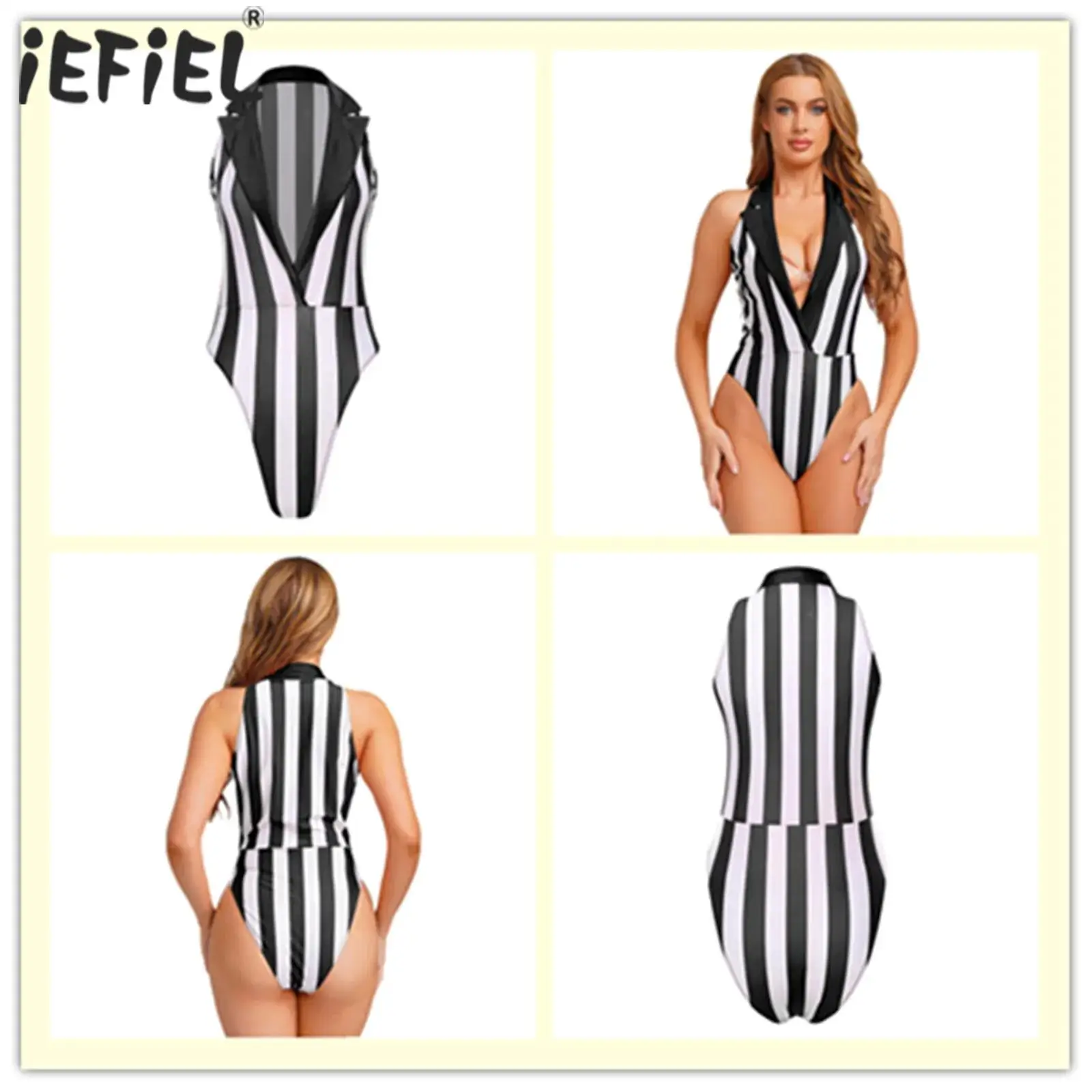 

Женский полосатый боди с глубоким лацканом и v-образным вырезом, комбинезон контрастного цвета, трико, комбинезон для клубного рейвса, костюм для вечеринки у бассейна