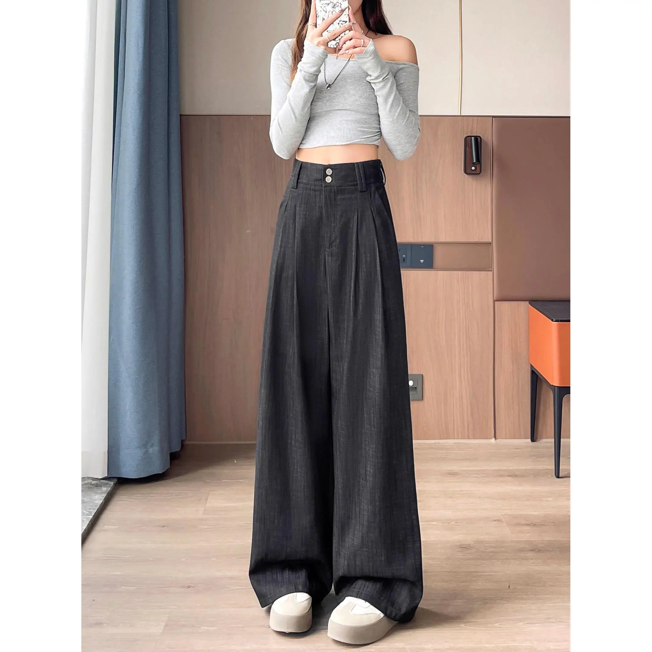 Women Pants Solid Loose Thick Warm Elastic Waist Wide Leg Trousers Female Ladies Sports Autumn Winterwide-leg pants