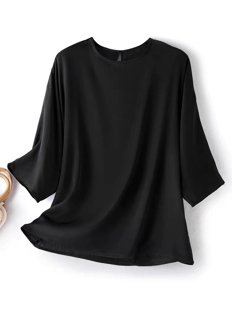 

Winsleter — женская элегантная рубашка из шелка 93% шелка, 7% спандекса, однотонная рубашка с круглым вырезом и рукавами «летучая мышь», базовая повседневная свободная блузка, зима 2025 г. T5D104CC