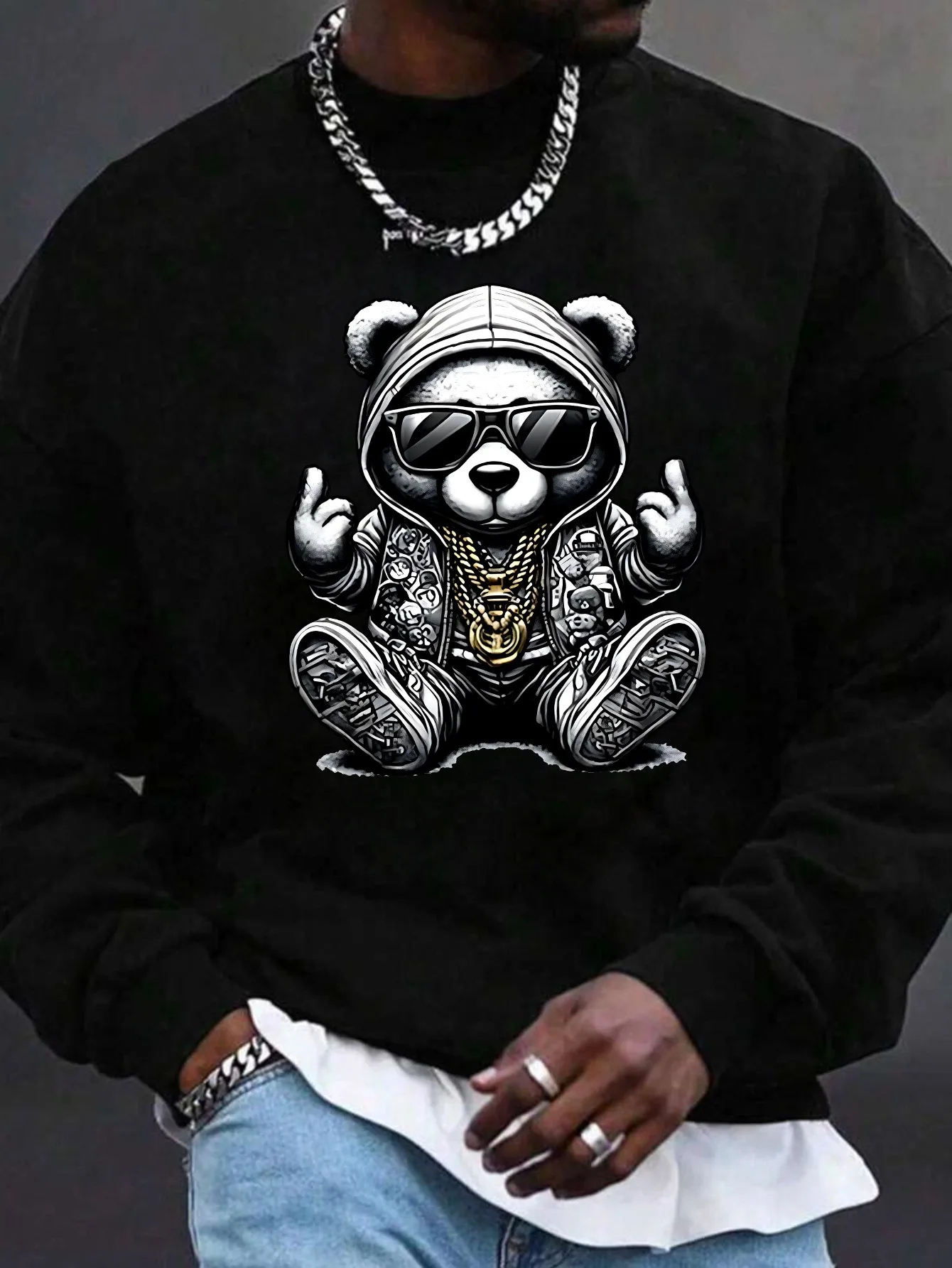 Bear, Directional Print Fashion Casual Sweatshirt, Suitable for Outdoor Sports, Crew Neck Versatile Sweatshirt, Perfect for Autumn/winter, Casual Version Is Suitable for Daily Wear