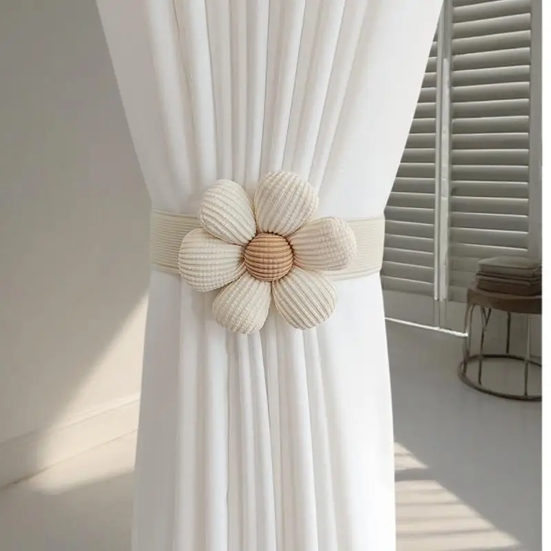 Handmade floral curtain tiebacks with elastic bands and magnetic fasteners, suitable for children\'s room and home decoration