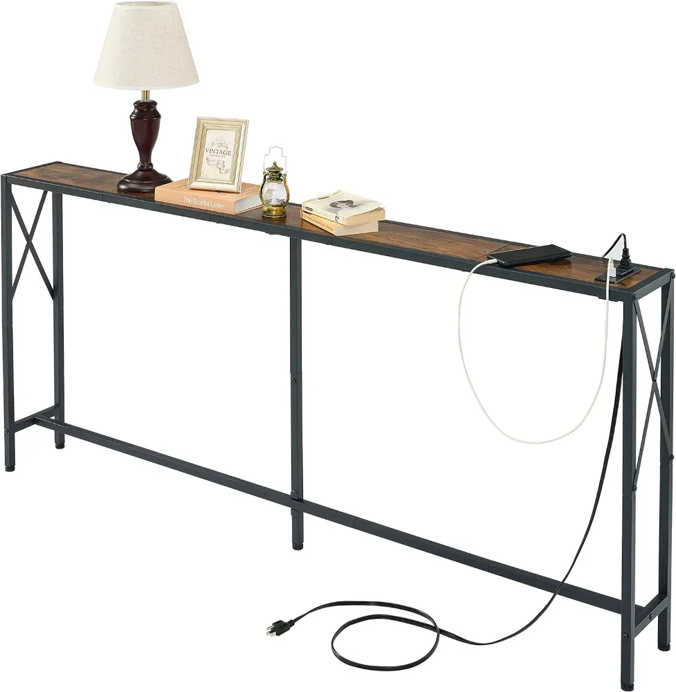 Console Table with 2 AC Oulets & 2 USB Ports, Narrow Sofa Table, Entryway Table, Industrial Sofa Table for Hallway, Living Room