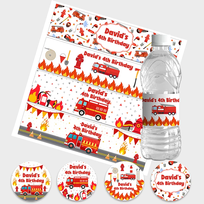 Custom Fireman Party Water Bottle Labels Stickers Personalize Fire Engine Firefighter Themed Birthday Party Decor Supplies