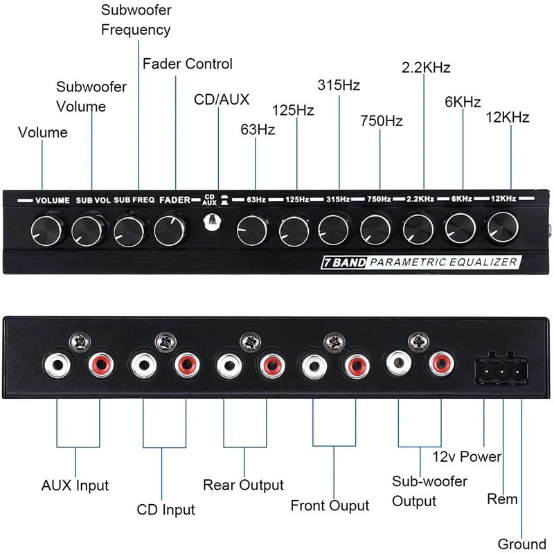 A99E-2X 7-Band Car Audio Equalizer, Adjustable 7 Bands EQ Amplifier Graphic Equalizer With CD/AUX Input Select Switch,Black