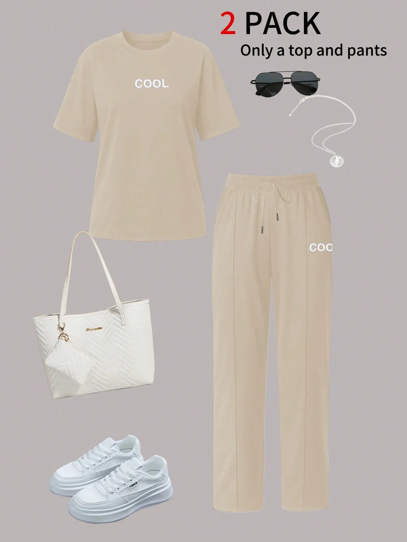 

2pcs Women Summer Set Cool Letter Print Round Neck Short Sleeve T-Shirt High Waist Drawstring Straight Leg Pants