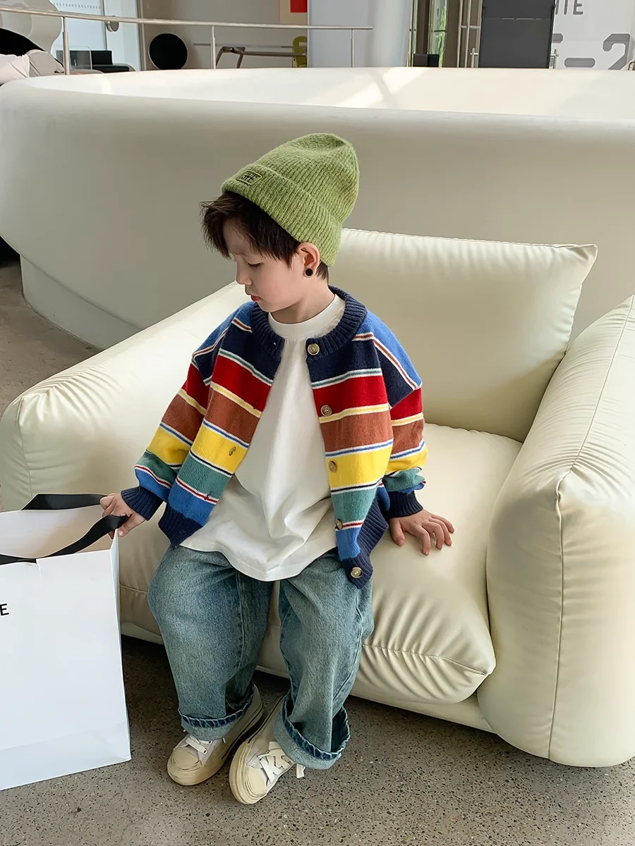 Boys' Forest Sweater Spring and Autumn New Style Colorful Stripe Fashion Knitted Cardigan Children's Handsome Versatile Coat