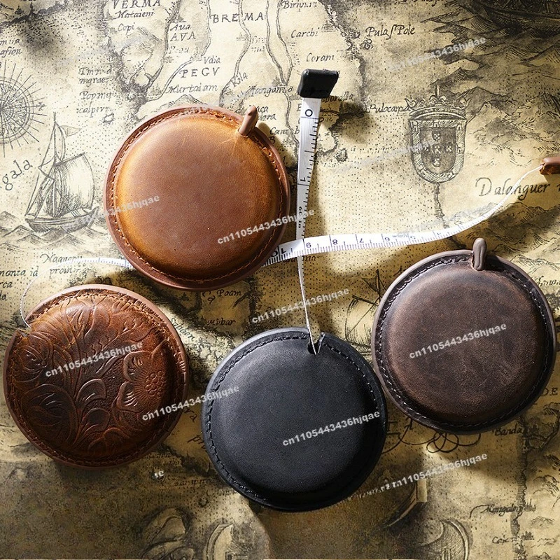 Leather Handmade Mini Tape Measure First Layer Cowhide Pull Measure Retro Measuring Tape  Genuine Leather Keychain Pendant.
