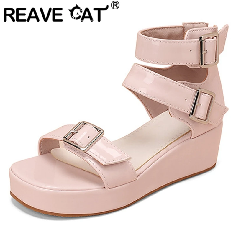 REAVE CAT Women's Platform Sandals Round Toe Chunky Heels Ankle Buckle Big Size 30-48 Black White Pink Summer S3202