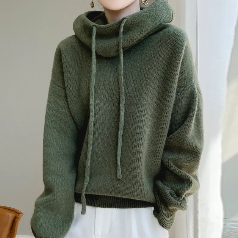 Autumn and Winter 100% Pure Wool Knitted Pullover Women's Hooded Sweater Loose and Comfortable New 23 Women's Long Sleeve Sweate