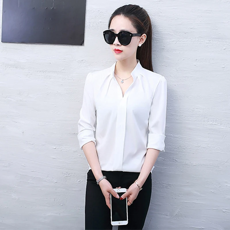 Women Shirt Chiffon Clothes Solid Color Long Sleeved Tops Autumn Winter Office Lady Blouse Slim Fitting Casual Shirt Plus Size