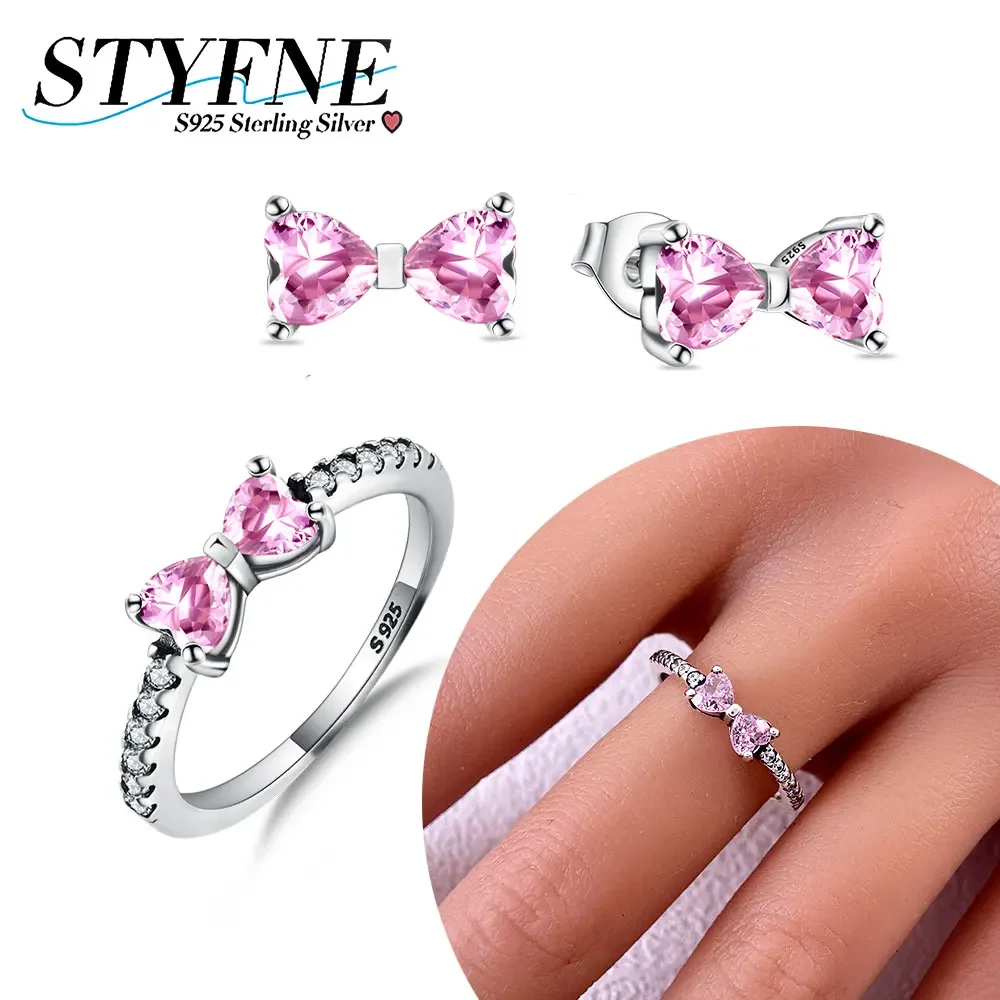 Anillo y pendientes de lazo de circón rosa romántico de Plata de Ley 925, conjunto de joyería Original para mujer, regalo de joyería fina de alta gama