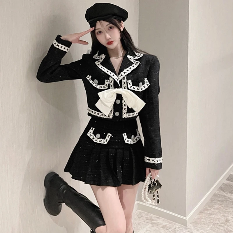 Womens Black Tweed Elegant 2 Piece Sets Women Business Small Fragrance Jacket Coat Female A-Line Skirts Ladies