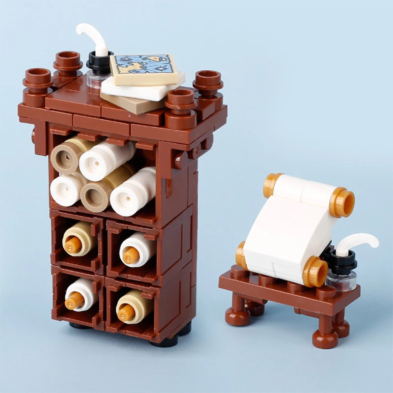 MOC Medieval Scrolls Cabinet Building Blocks Kit Bookcase Napoleonic Furniture Sheepskin Paper Parchment Bricks Toys Boys Gift