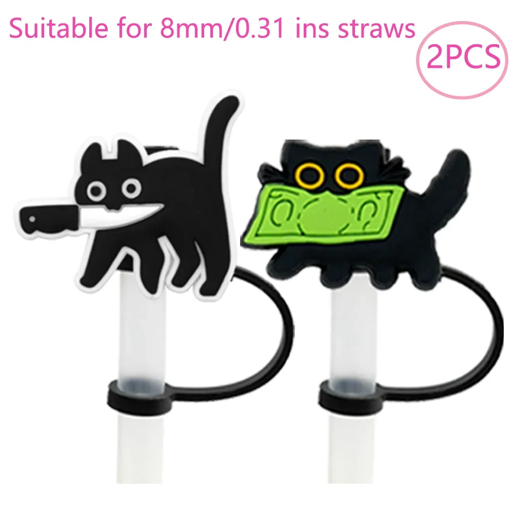 1/2/8 قطعة غطاء القش لطيف القط الأسود اكسسوارات ل بهلوان كوب ، سيليكون القش توبر الشرب تلميح ، 8 مللي متر الغبار غطاء من القش