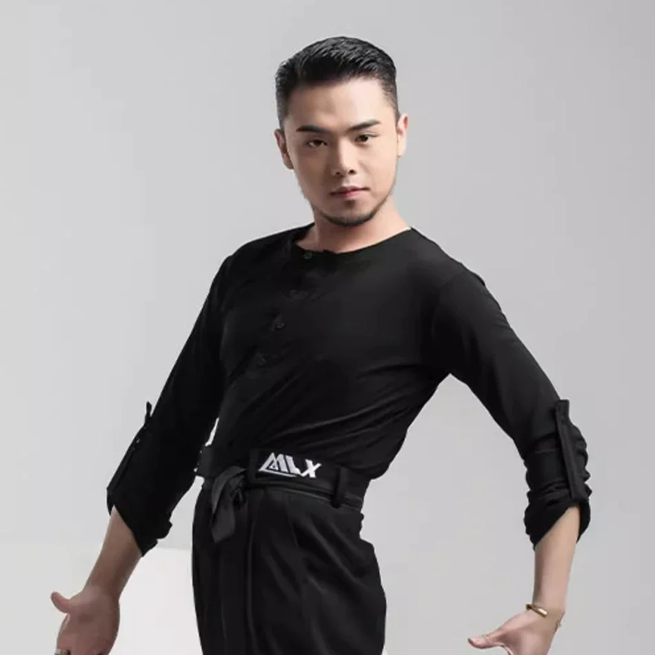 Manches bouton conception hauts mâle danse latine tissu pour hommes danse de salon Samba Rumba scène Performance Dancewear NY63 7130