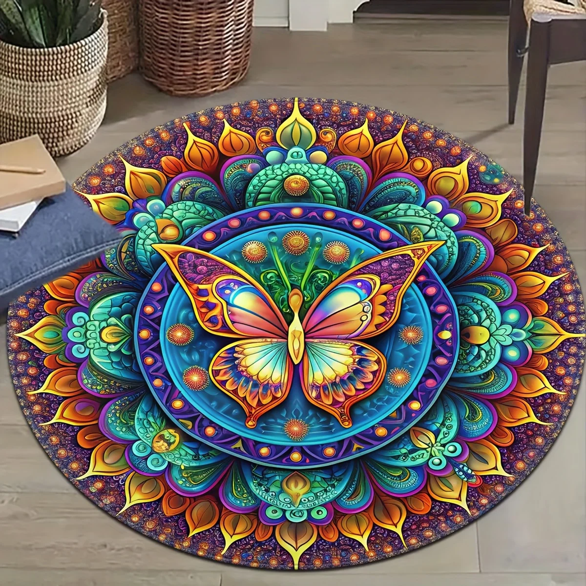 1PC 3D Blue Flower Round Minimalist Carpet for Living Room, Bedroom, Closet, Vanity Mat, Study, And Computer Chair Cushion