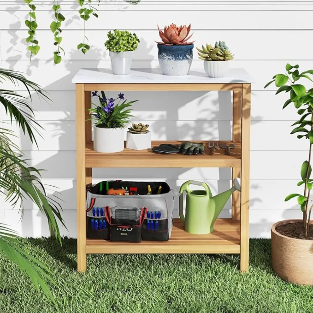 

Storage Shelf, Acacia Wood Plant Stand with Marble-Like Countertop Shelves, Outdoor Flower Stand Storage Rack Indoor for Garden