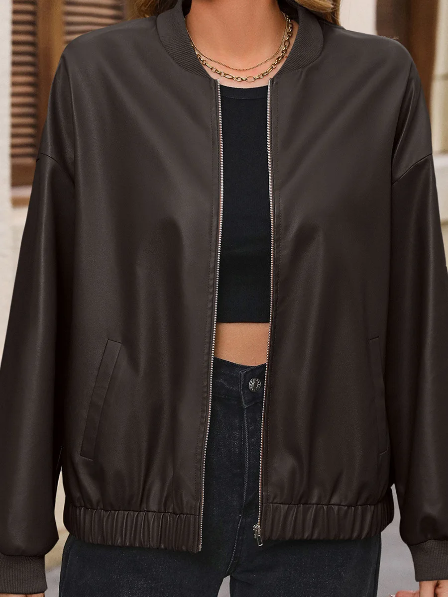 

Casual Short Sleeve Long Women's PU Motorcycle Jacket Coat Outerwear Fashionable Slim Fit Style Synthetic Leather Material