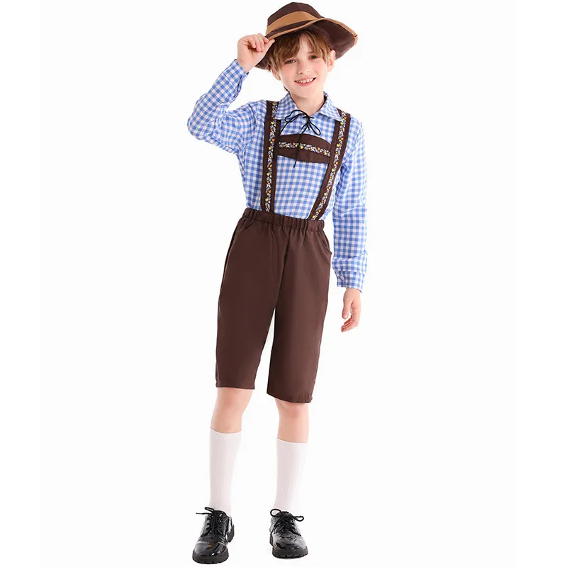 

Children's June 1st German Beer Festival Clothing, Alpine Folk Clothing, Blue Plaid Strap Ethnic Boys Clothing
