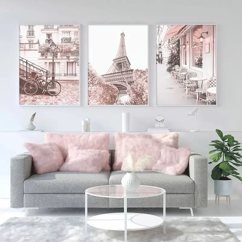 3pcs Pink Paris Wall Art Set - Unframed Blush & Lipstick Pink Street Scene Canvas Prints, French Decor Posters with Eiffel Tower