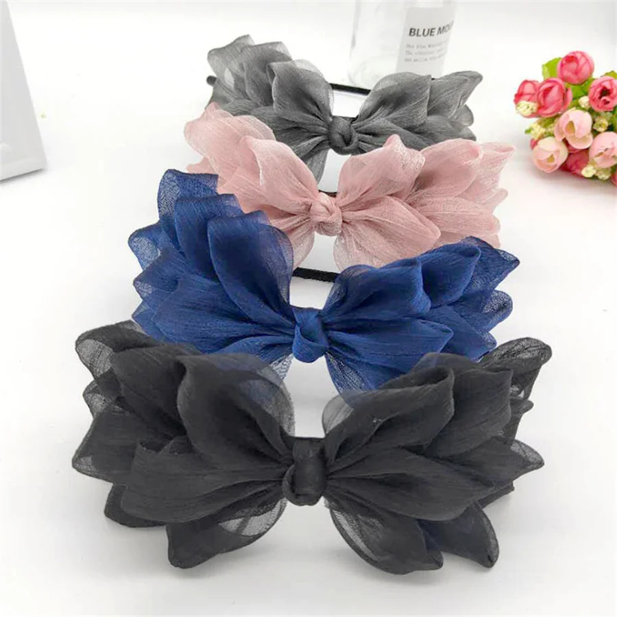 Bandeau de cheveux brillant à gros nœud floral pour femmes, ruban rétro, accessoires pour cheveux, cerceau, noir, rose, nœud en dentelle florale,